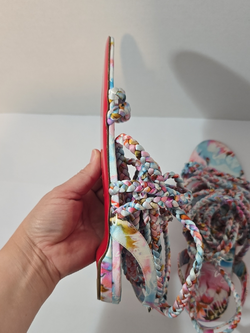 CHRISTIAN LOUBOUTIN MARYAM Multicolor Satin Braided Lace Up Sandals - Picture 11 of 16